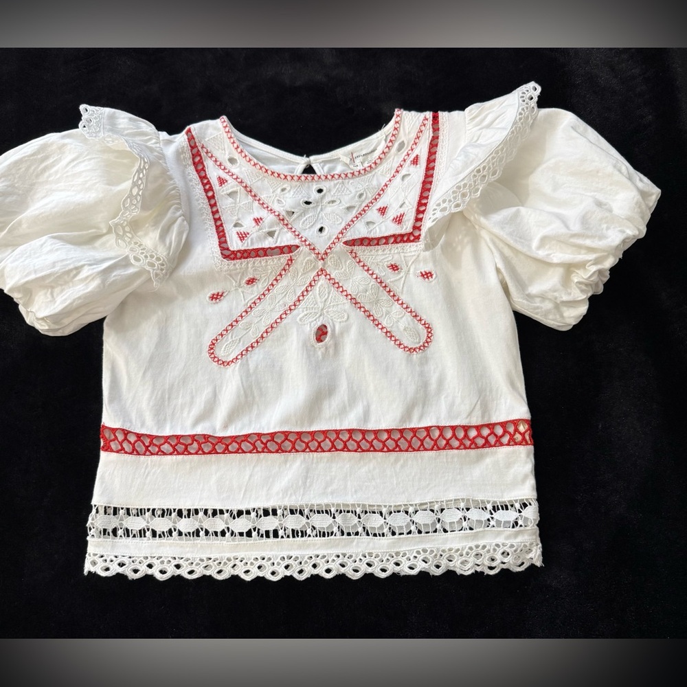 By Anthropologie Puff-Sleeve Cutwork Blouse Top Embroidered Cotton XXS
